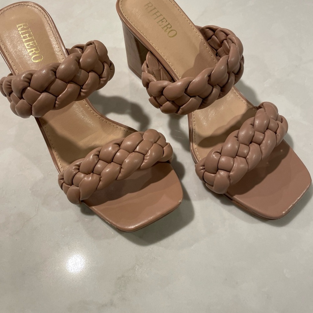 Women’s Braided Strap Slip On Block High Heel Sandals. Square Open Toe …